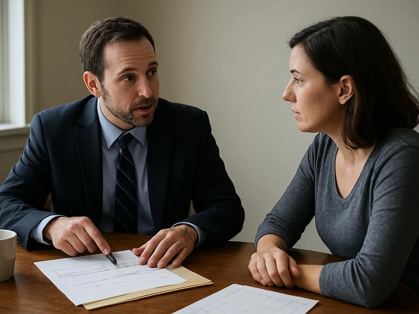 A man in a suit points at papers on a table while talking to a woman in a gray shirt indoors
