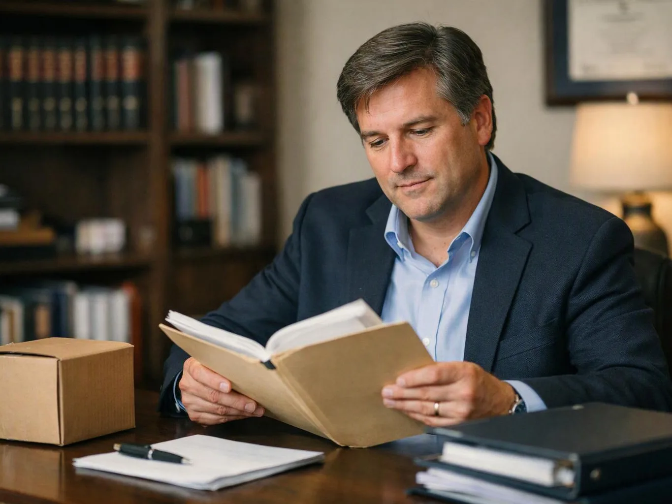 A man in a suit reads a book at a desk beside a cardboard box, notebooks, and a lamp