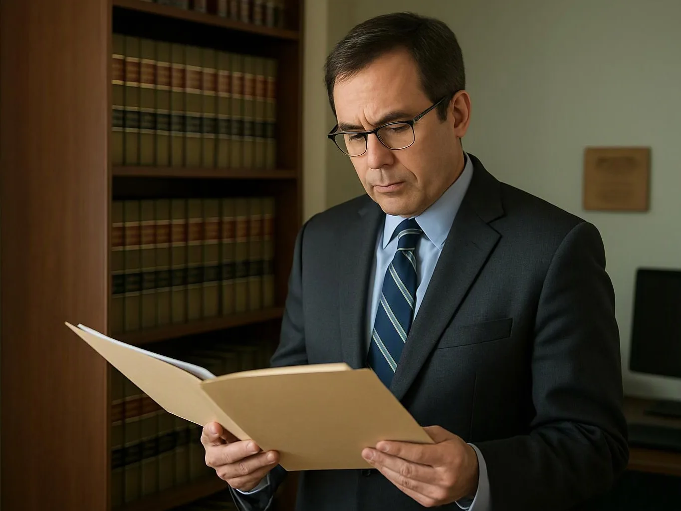 A man in a suit reads a folder in a book-lined office