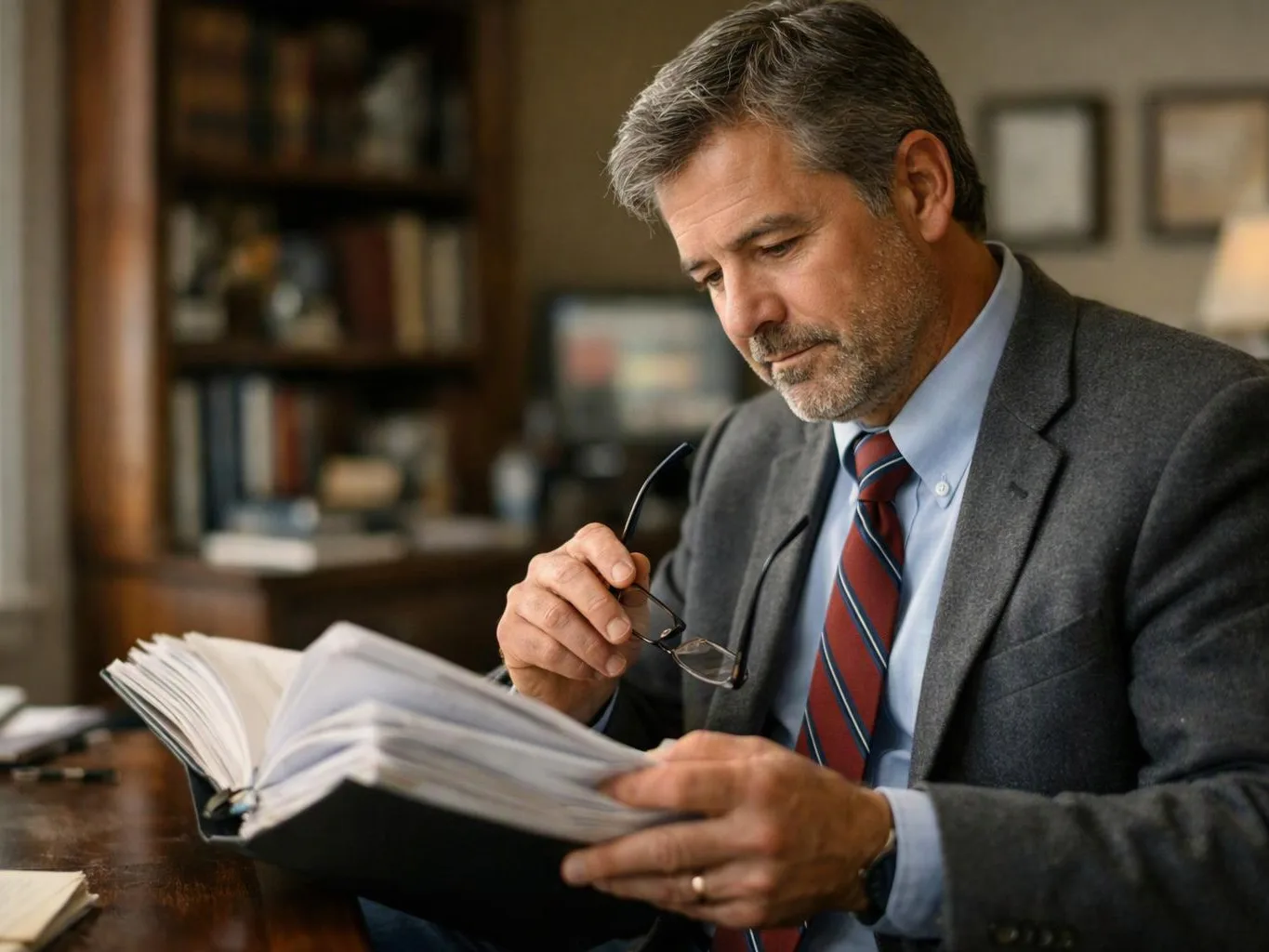 A man in a suit reads a thick binder at a desk in an office, holding his glasses