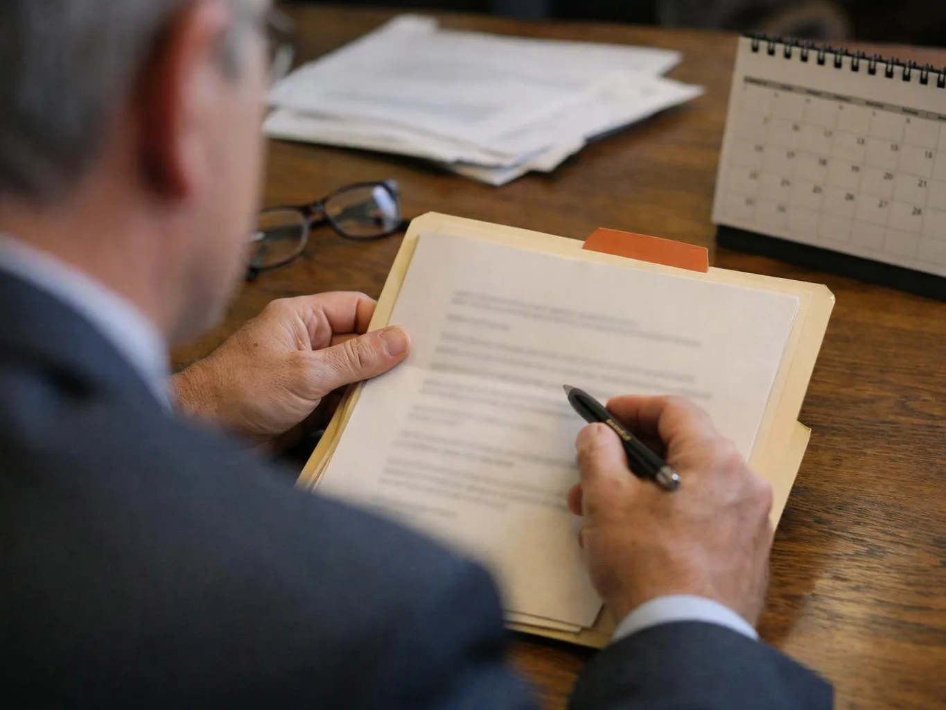 A man in a suit reviews a document and writes on a clipboard at a wooden desk