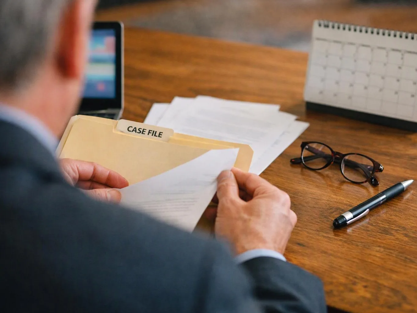 A man in a suit reviews papers from a case file at a wooden desk with glasses, a pen, and a calendar