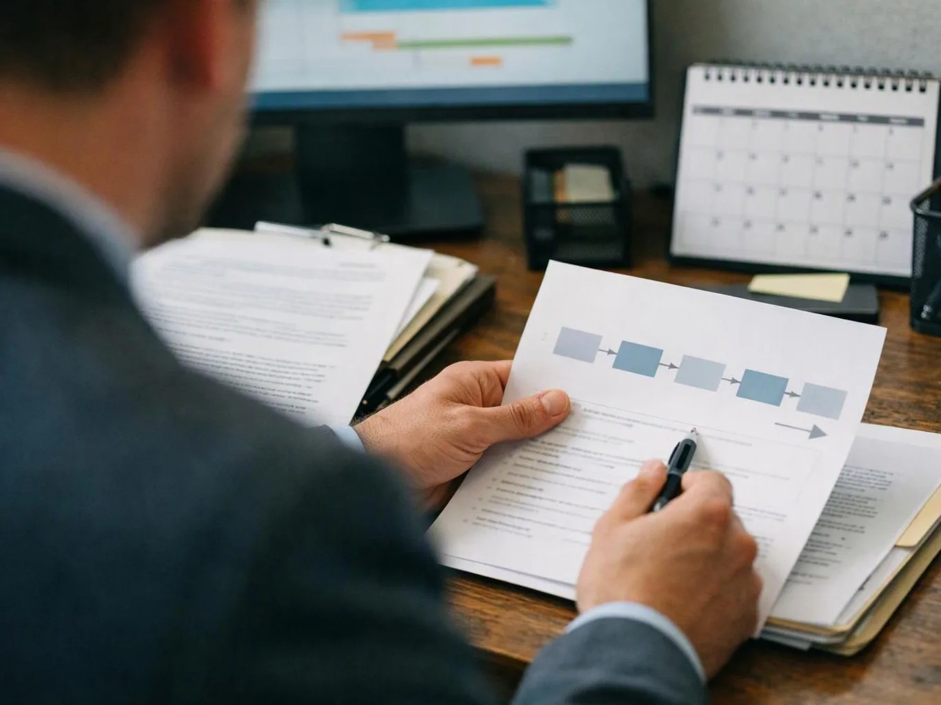 A man in a suit reviews papers and writes at a desk with a computer and calendar nearby