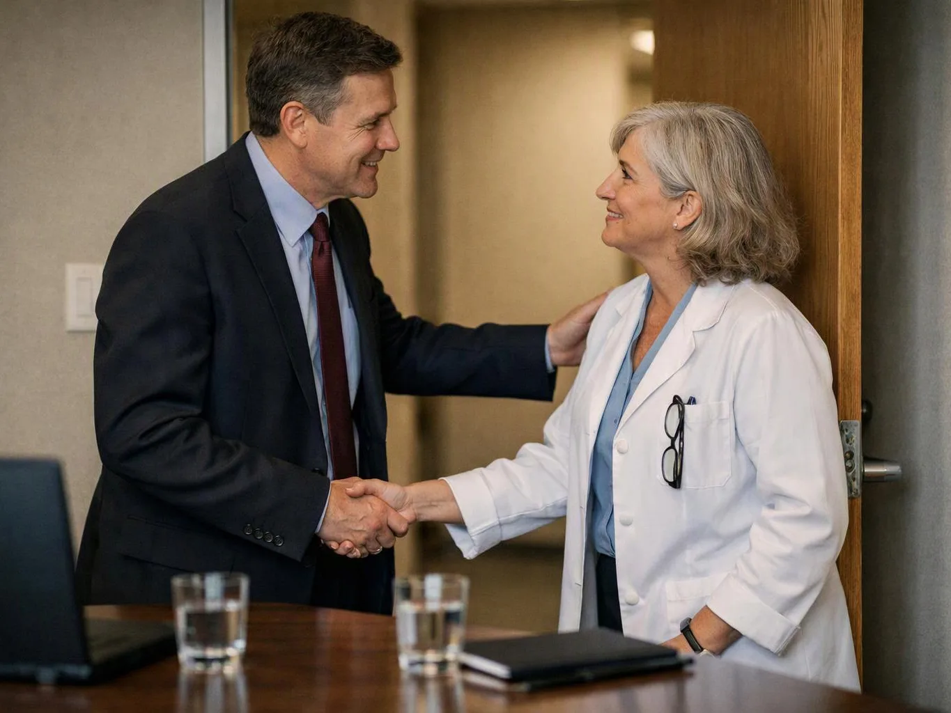 A man in a suit shakes hands with a woman in a white lab coat inside a meeting room