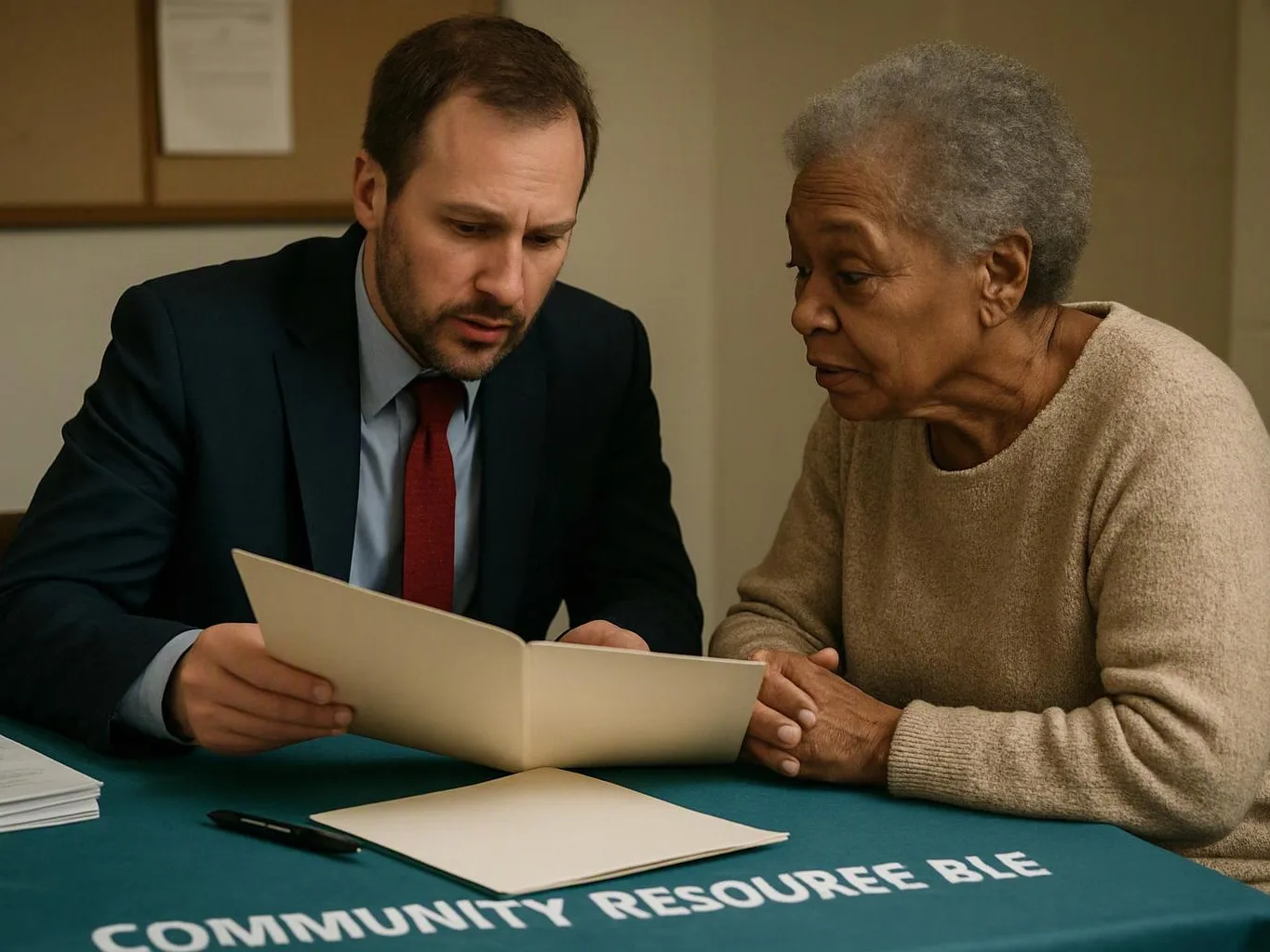 A man in a suit shows a folder to an older woman at a table with papers and a pen