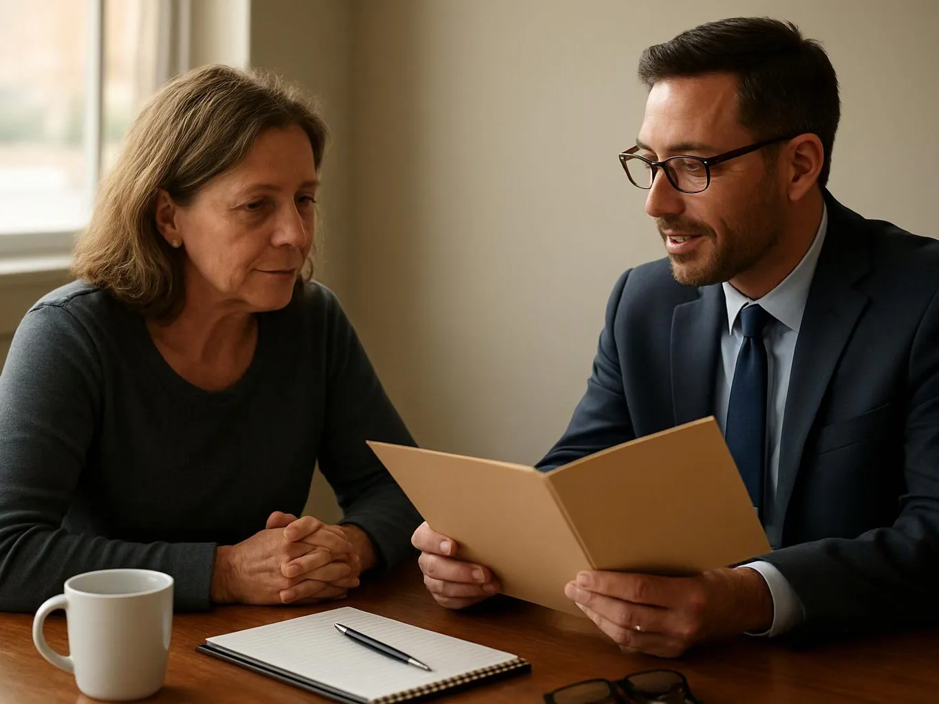 A man in a suit shows a folder to a woman seated at a table with a mug and notebook