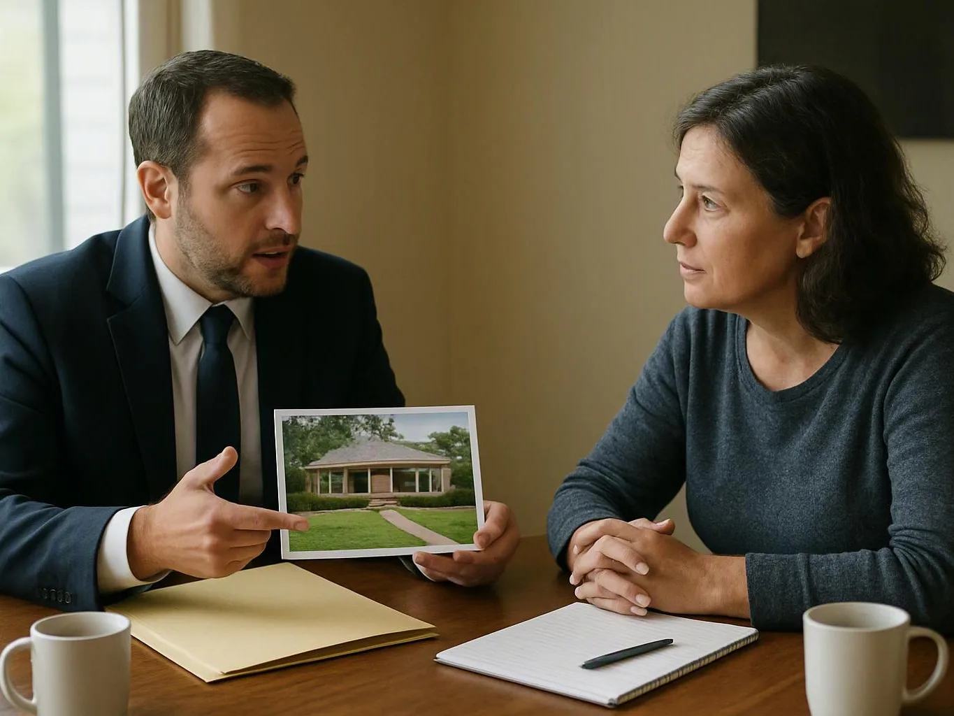 A man in a suit shows a house photo to a woman across a table in a meeting room