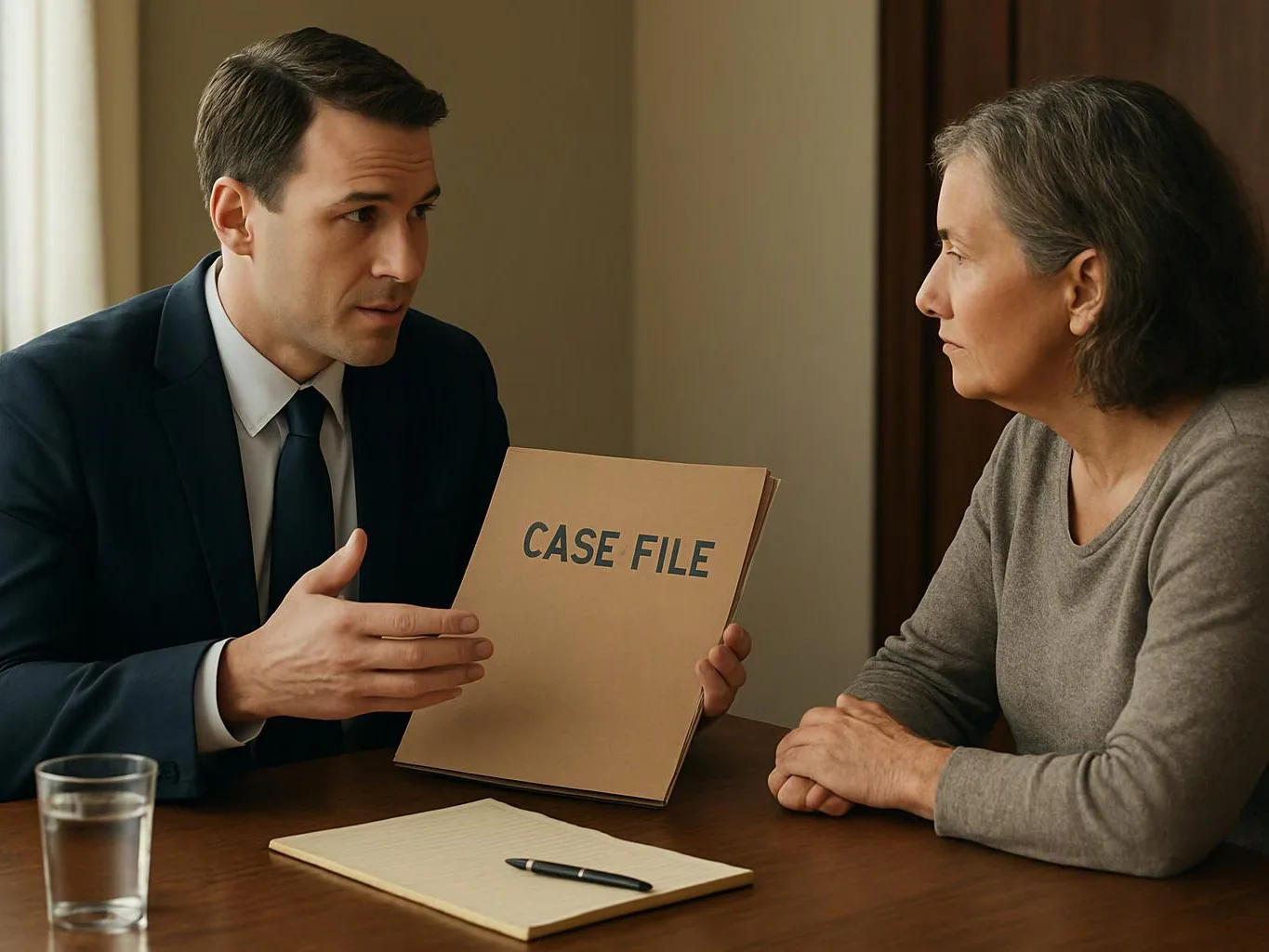 A man in a suit shows a woman a folder labeled “CASE FILE” across a table
