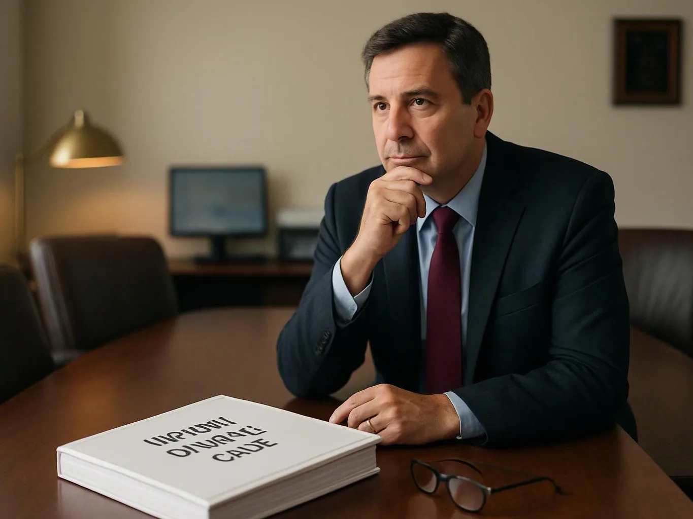 A man in a suit sits at a conference table, studying a thick legal document beside his glasses