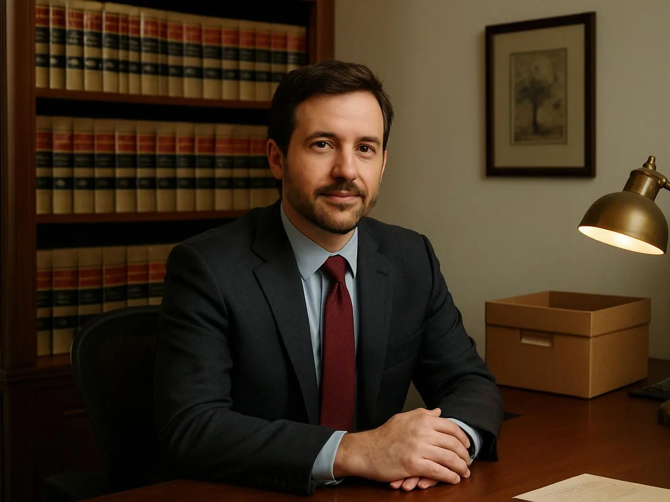 A man in a suit sits at a desk in a book-lined office beside a lit lamp and a box