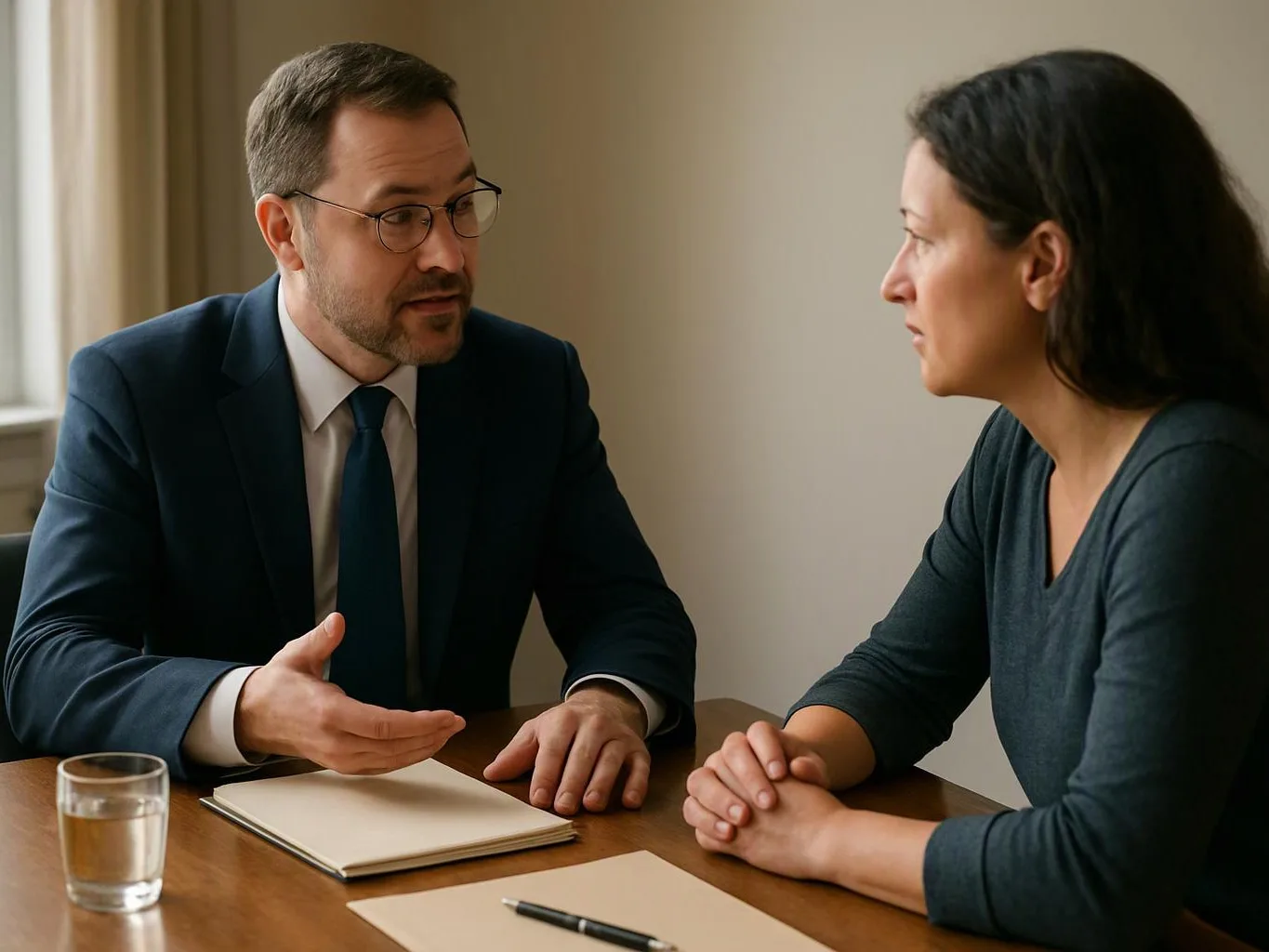 A man in a suit speaks across a table to a woman in a dark shirt during a serious meeting