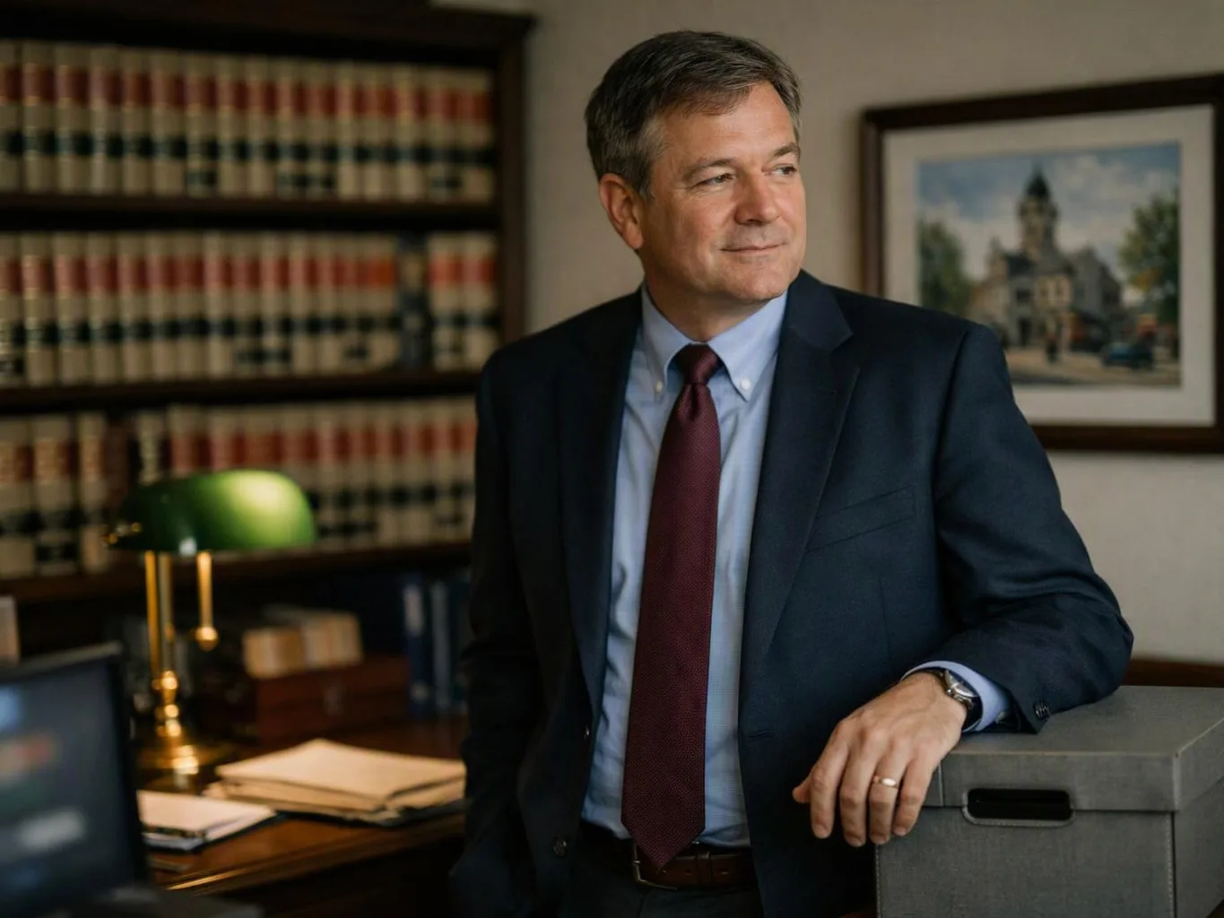 A man in a suit stands by a desk in a book-lined office, resting his hand on a gray box