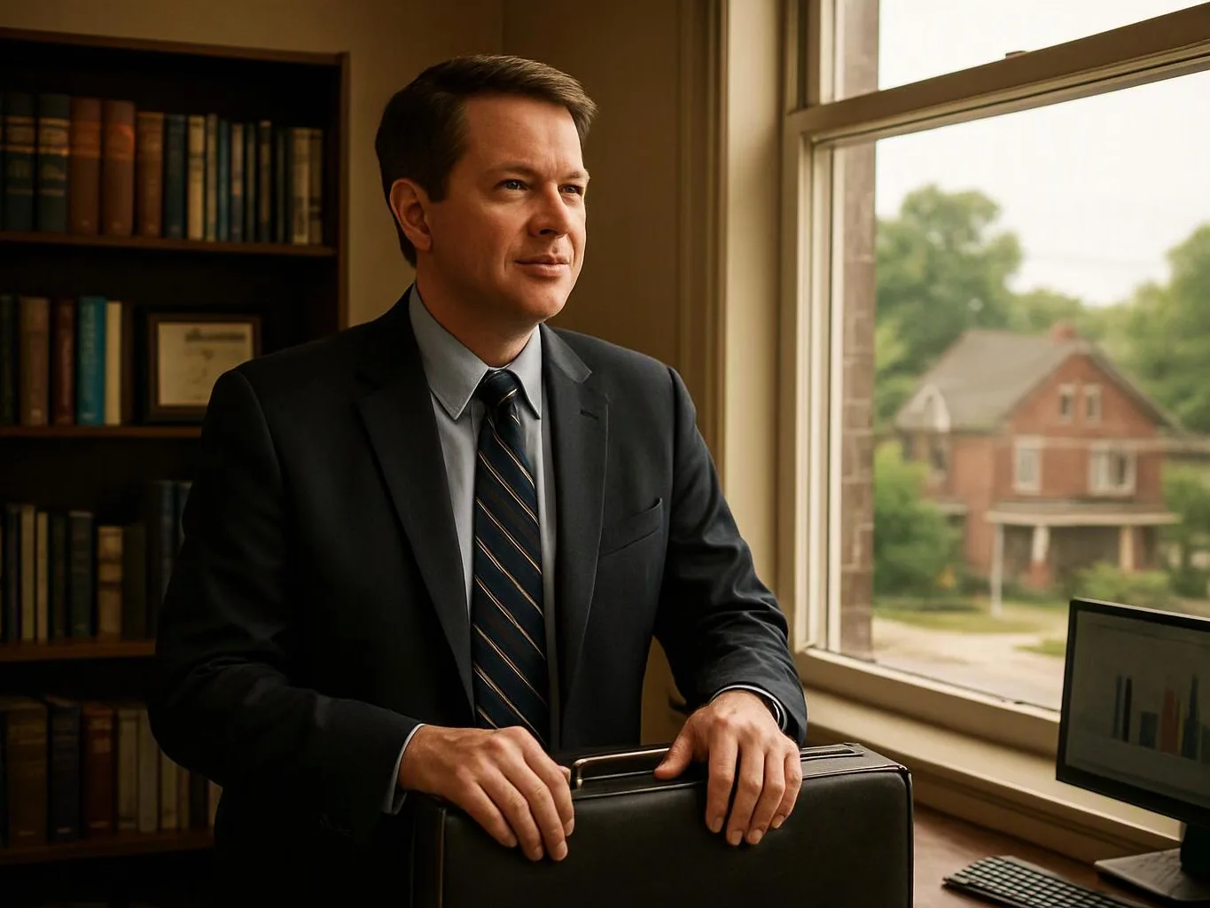A man in a suit stands by a window in an office, resting his hands on a briefcase