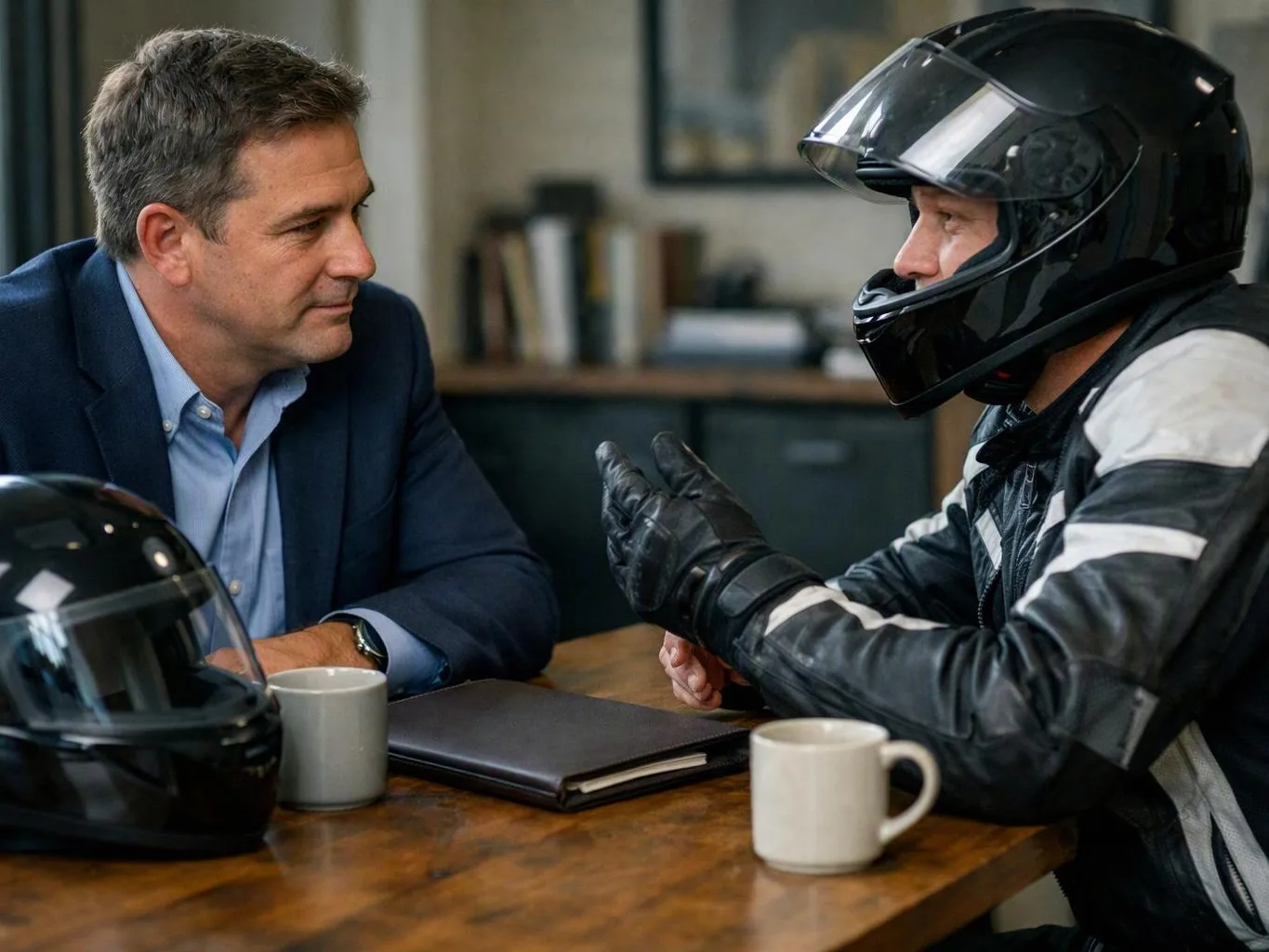 A man in a suit talks with a helmeted motorcyclist at a wooden table with mugs and a notebook