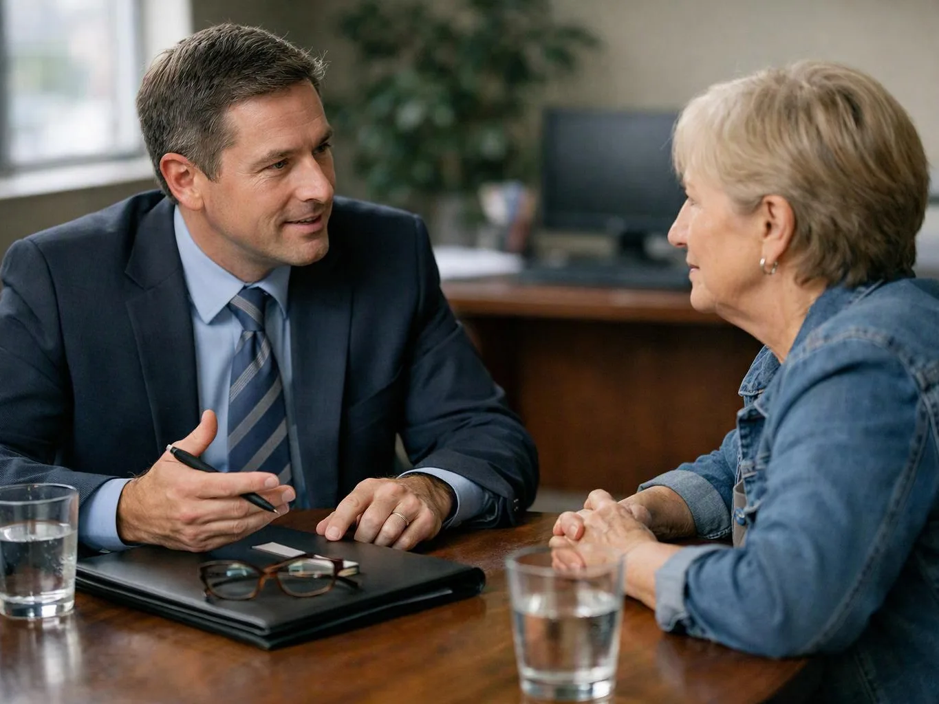 A man in a suit talks with an older woman across a wooden table in an office