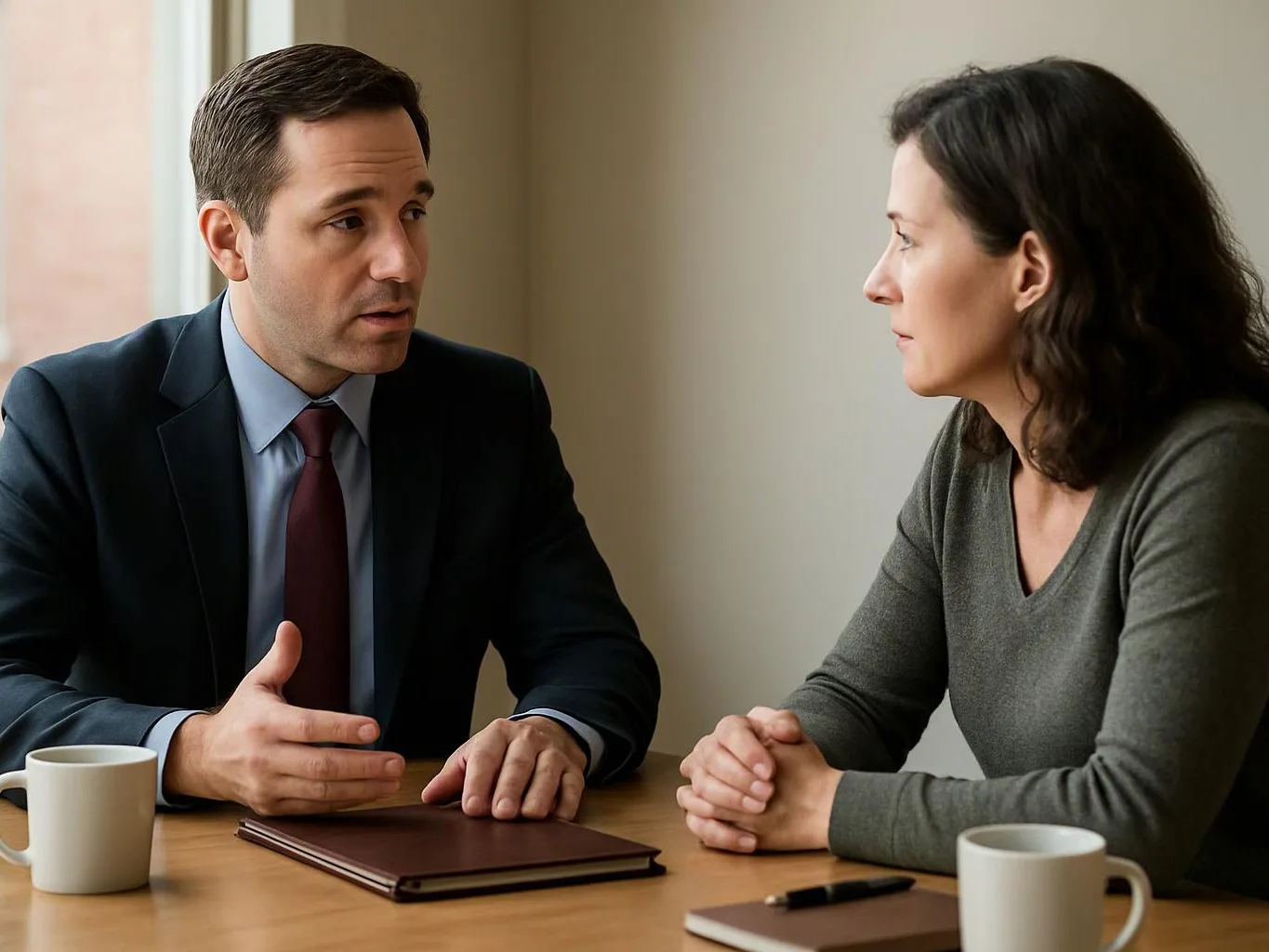 A man in a suit talks to a woman across a table with mugs and a closed notebook in a plain room