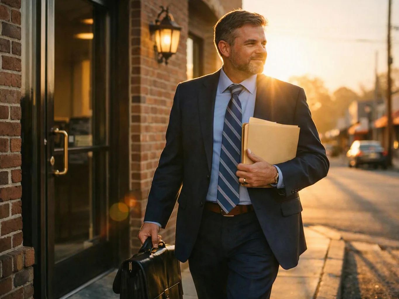 A man in a suit walks beside a brick building at sunset, carrying folders and a briefcase