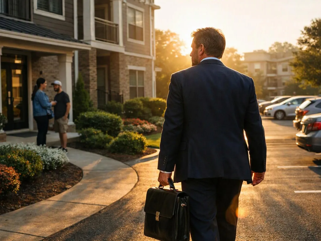 A man in a suit walks through a sunlit apartment parking lot carrying a briefcase