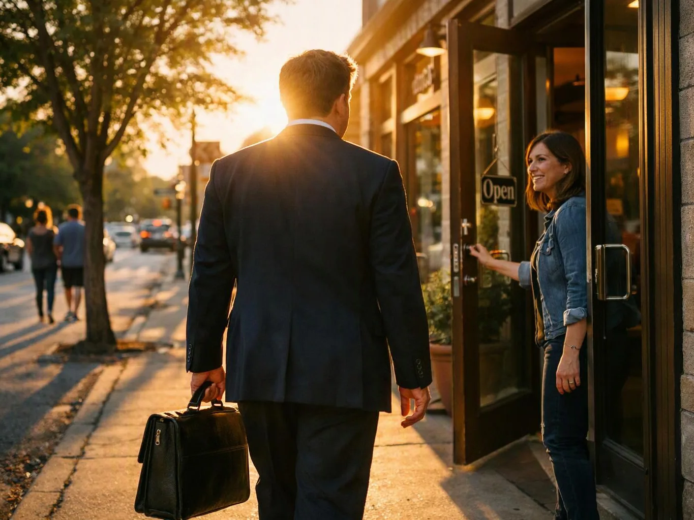 A man in a suit walks toward a shop entrance while a woman holds the door open at sunset