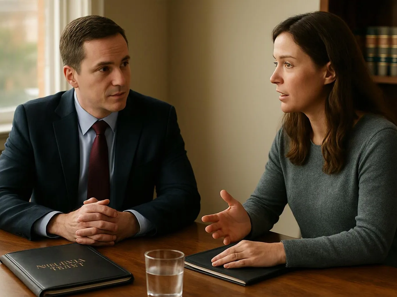 A man in a suit and a woman in a gray top talk across a table with folders and a glass of water