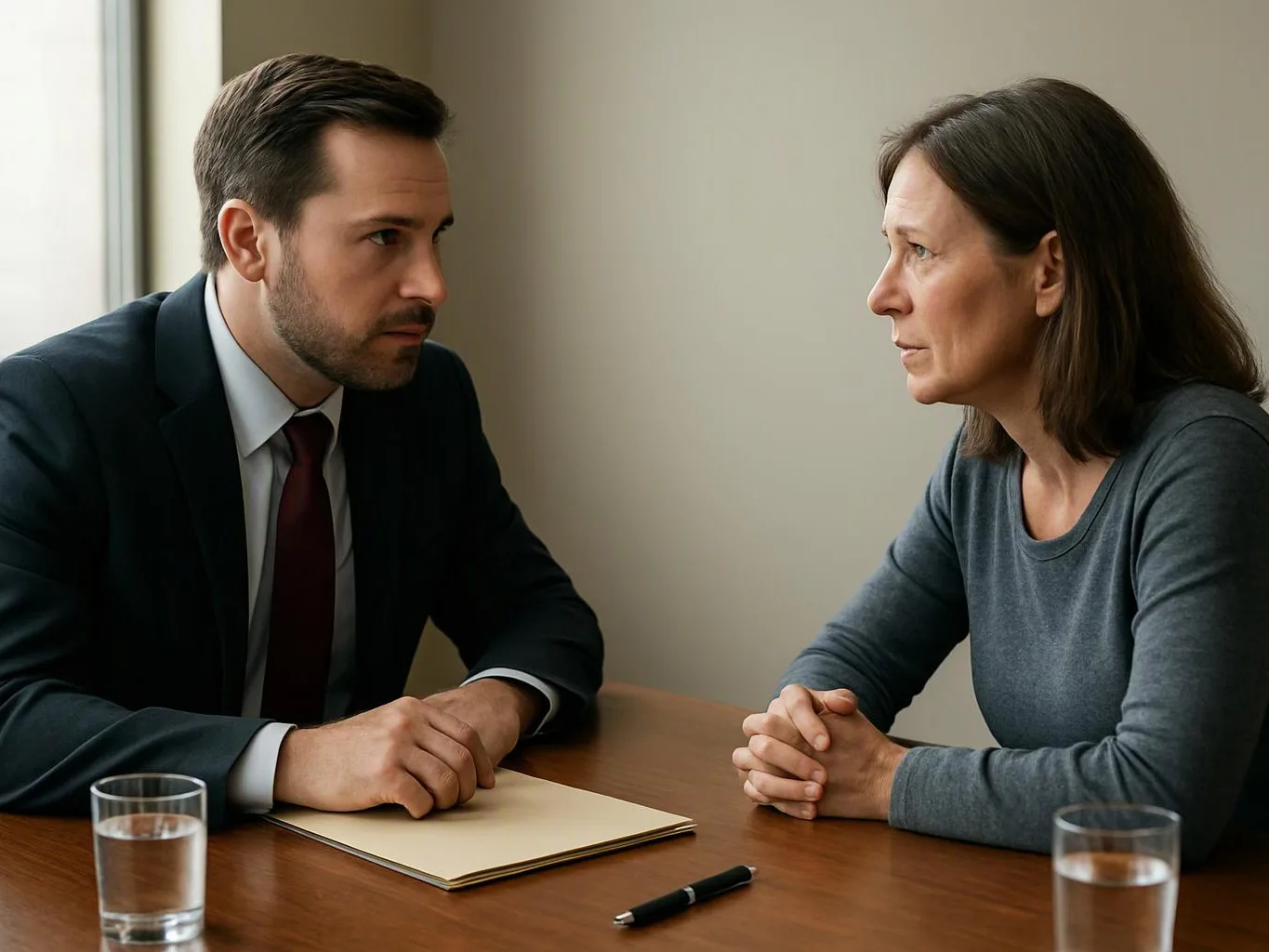 A man in a suit and a woman sit facing each other at a table during a tense conversation