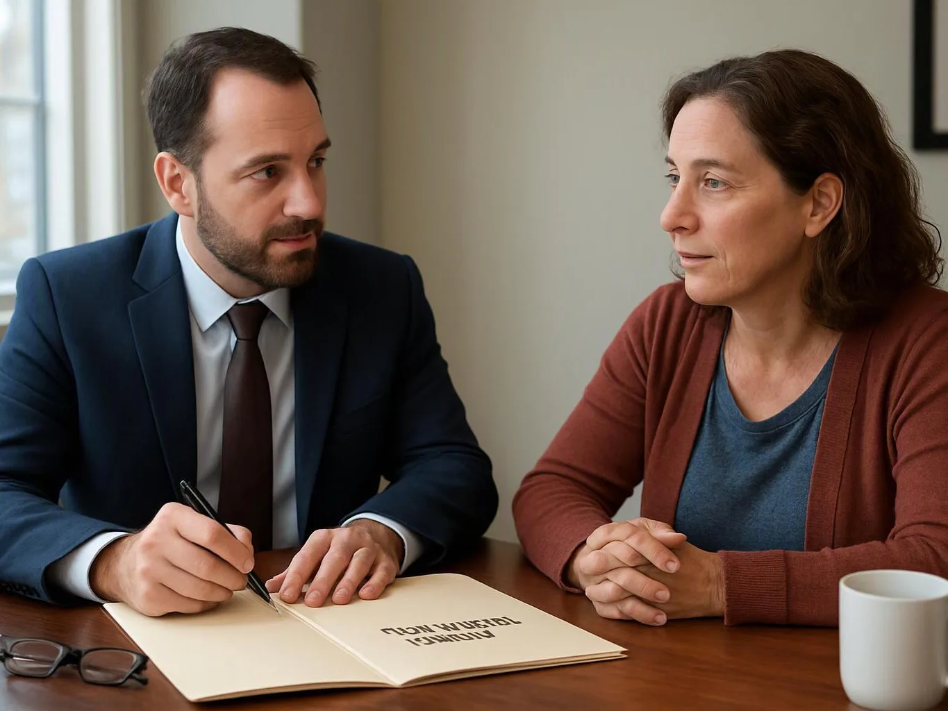 A man in a suit writes on a folder while talking with a woman across a table indoors