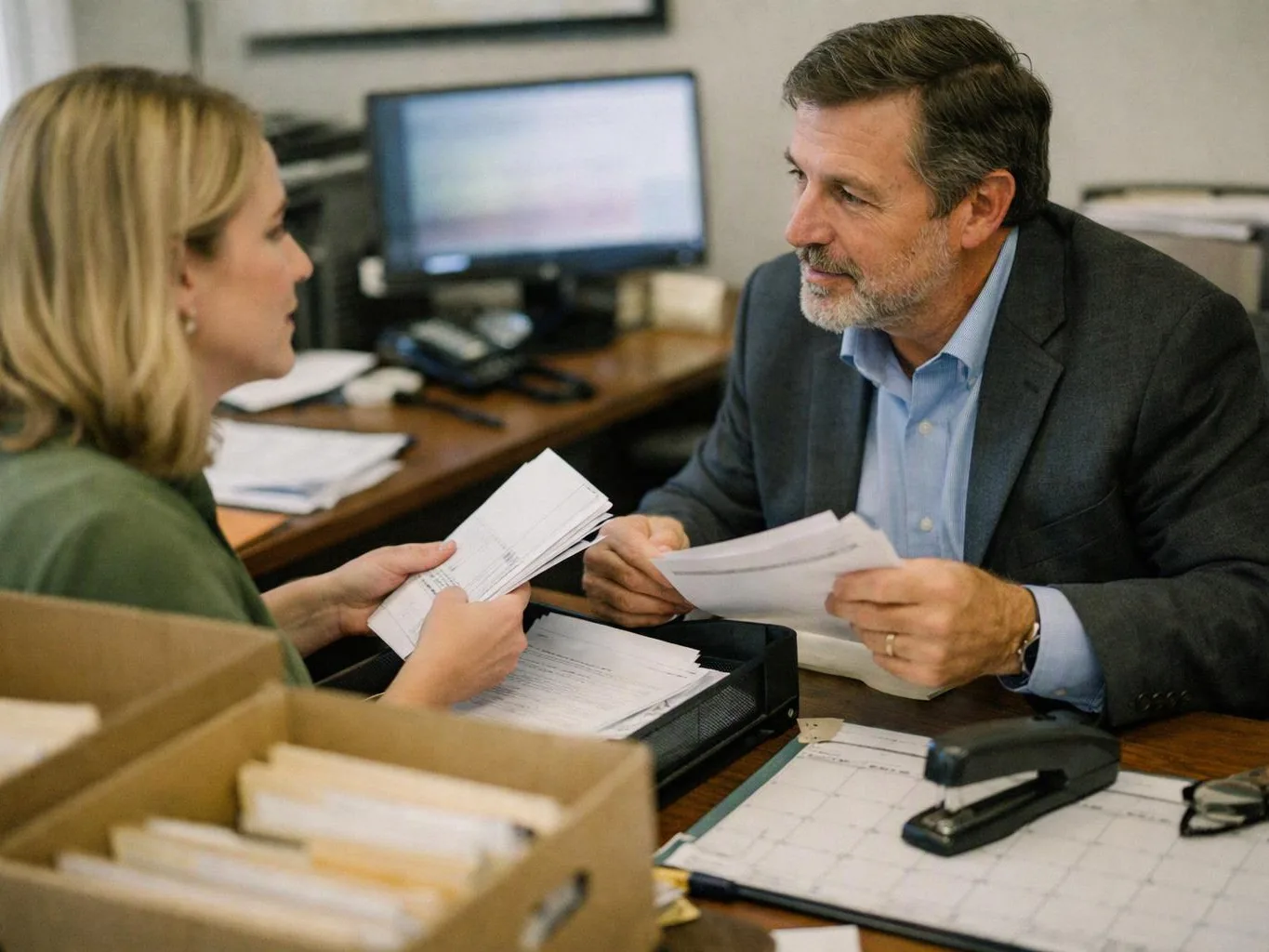 A man and woman review paperwork across a desk in a cluttered office