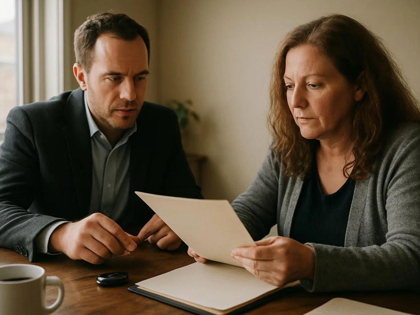 A man and woman sit at a table, studying a paper together in a quiet room
