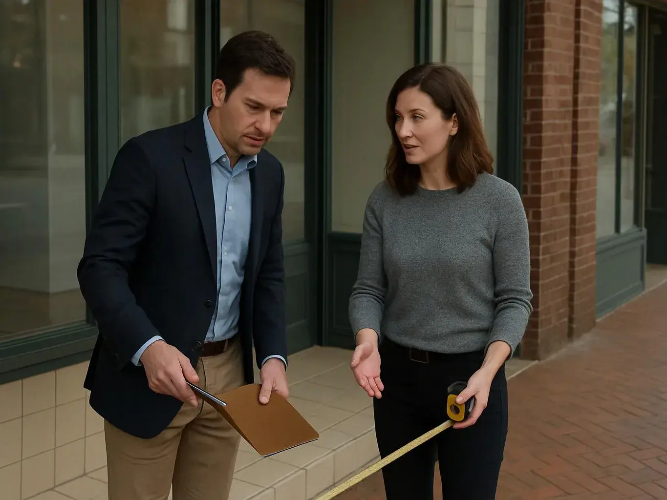 A man and woman stand outside a building, looking down at a clipboard and a tape measure