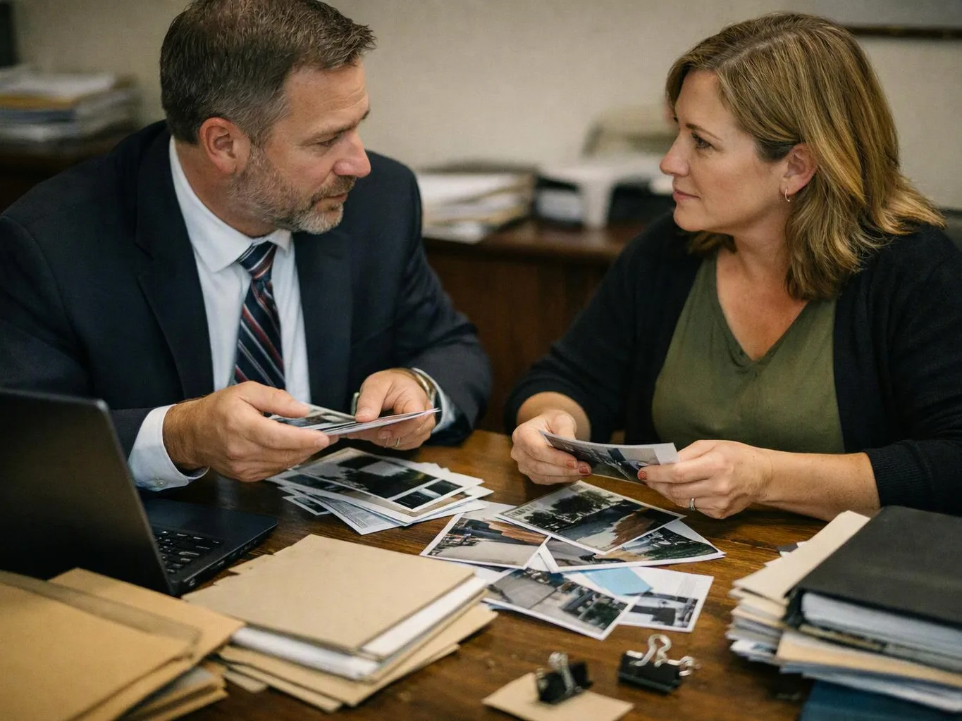 A man and woman study printed photos across a desk beside a laptop and stacked folders