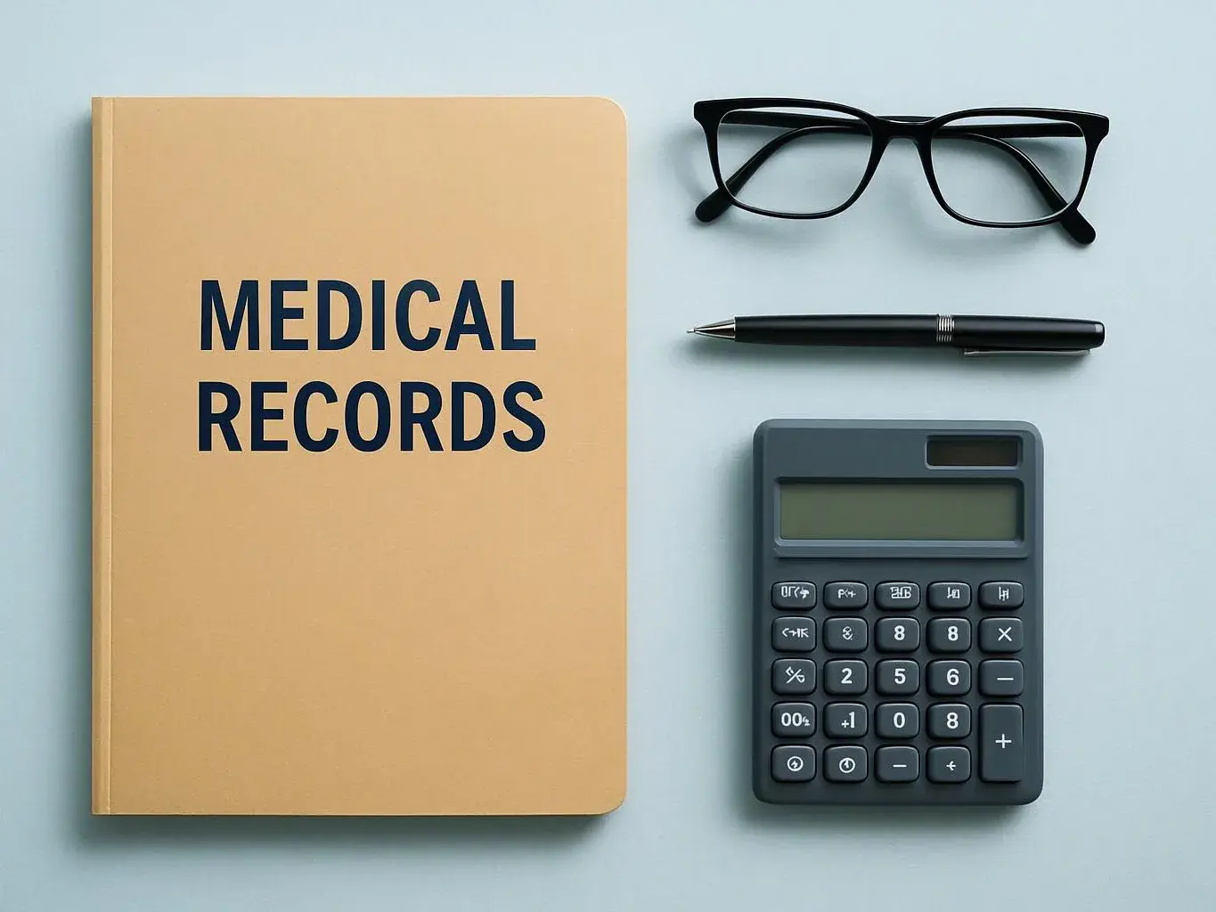 A medical records notebook sits beside eyeglasses, a pen, and a calculator on a pale surface