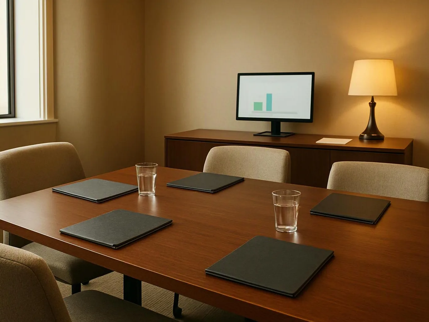 A neat conference room shows a wooden table with notebooks, water glasses, beige chairs, a lamp