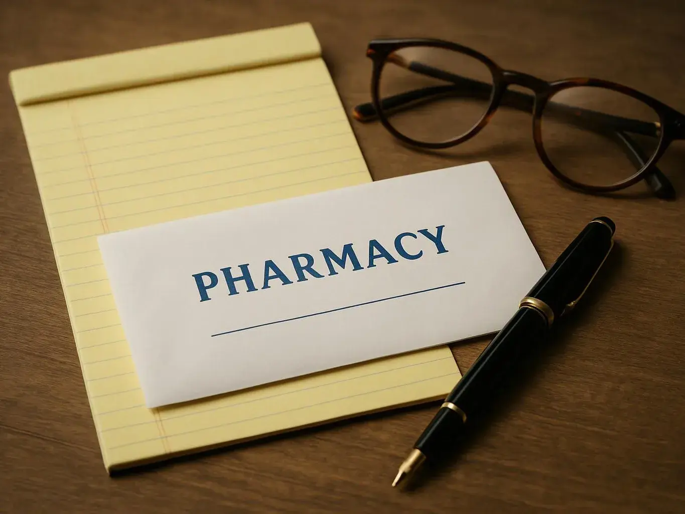 A notepad, eyeglasses, and a black pen sit beside a card labeled “PHARMACY” on a wooden desk