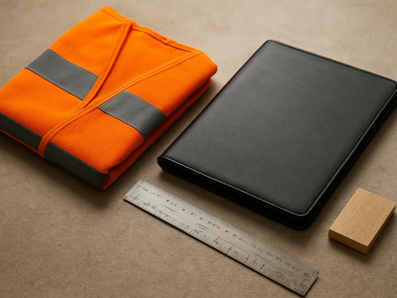 An orange folded fabric item, a black leather folder, a clear ruler, and a small wooden block rest on a tan surface