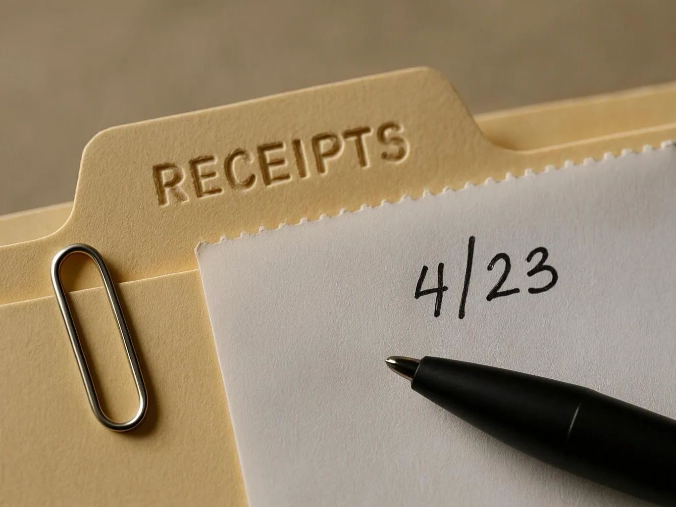 A paper receipt folder labeled Receipts holds a note marked 4/23 and a black pen clipped beside it