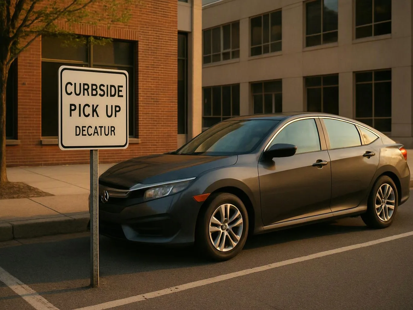 A parked gray sedan sits beside a curbside pickup sign outside a brick building at dusk