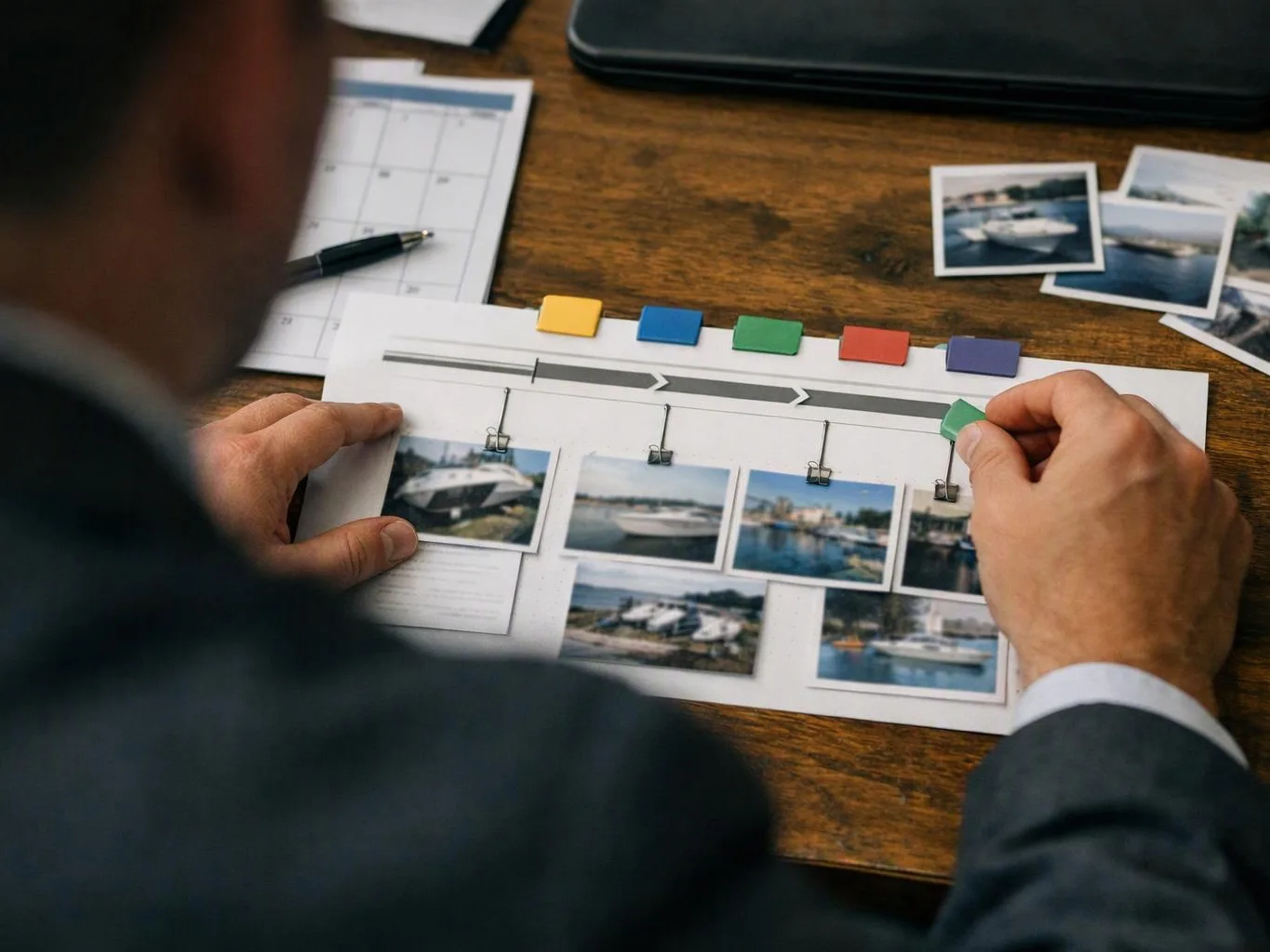 A person arranges small boat photos on a timeline sheet at a wooden desk