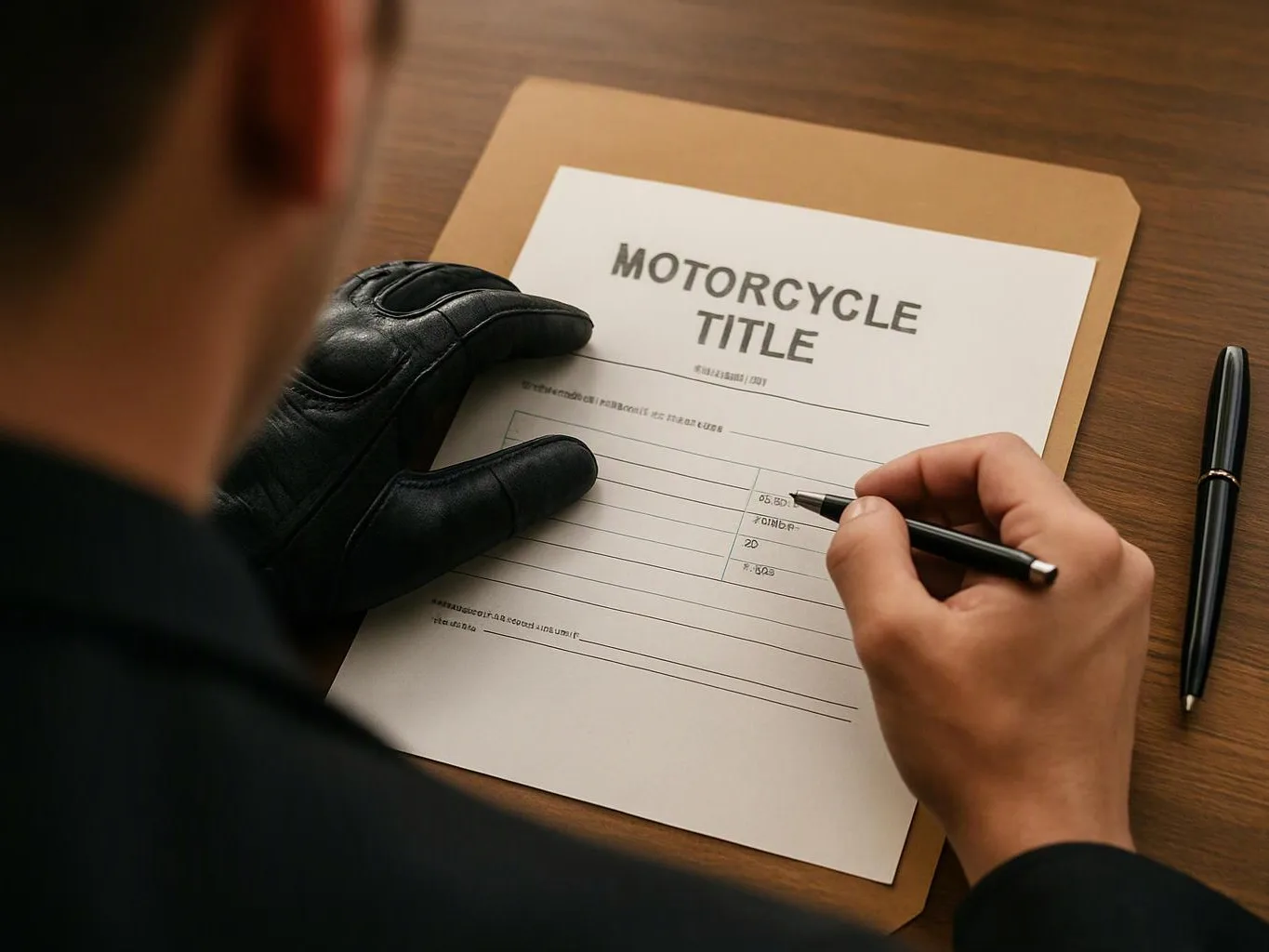 A person in a black glove fills out a motorcycle title form on a wooden desk
