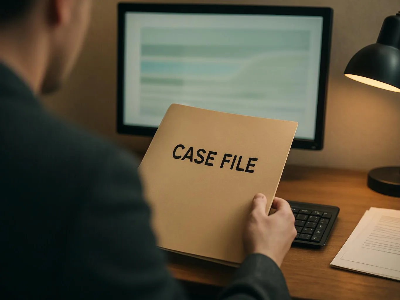 A person at a desk holds a folder labeled case file beside a computer monitor and lamp
