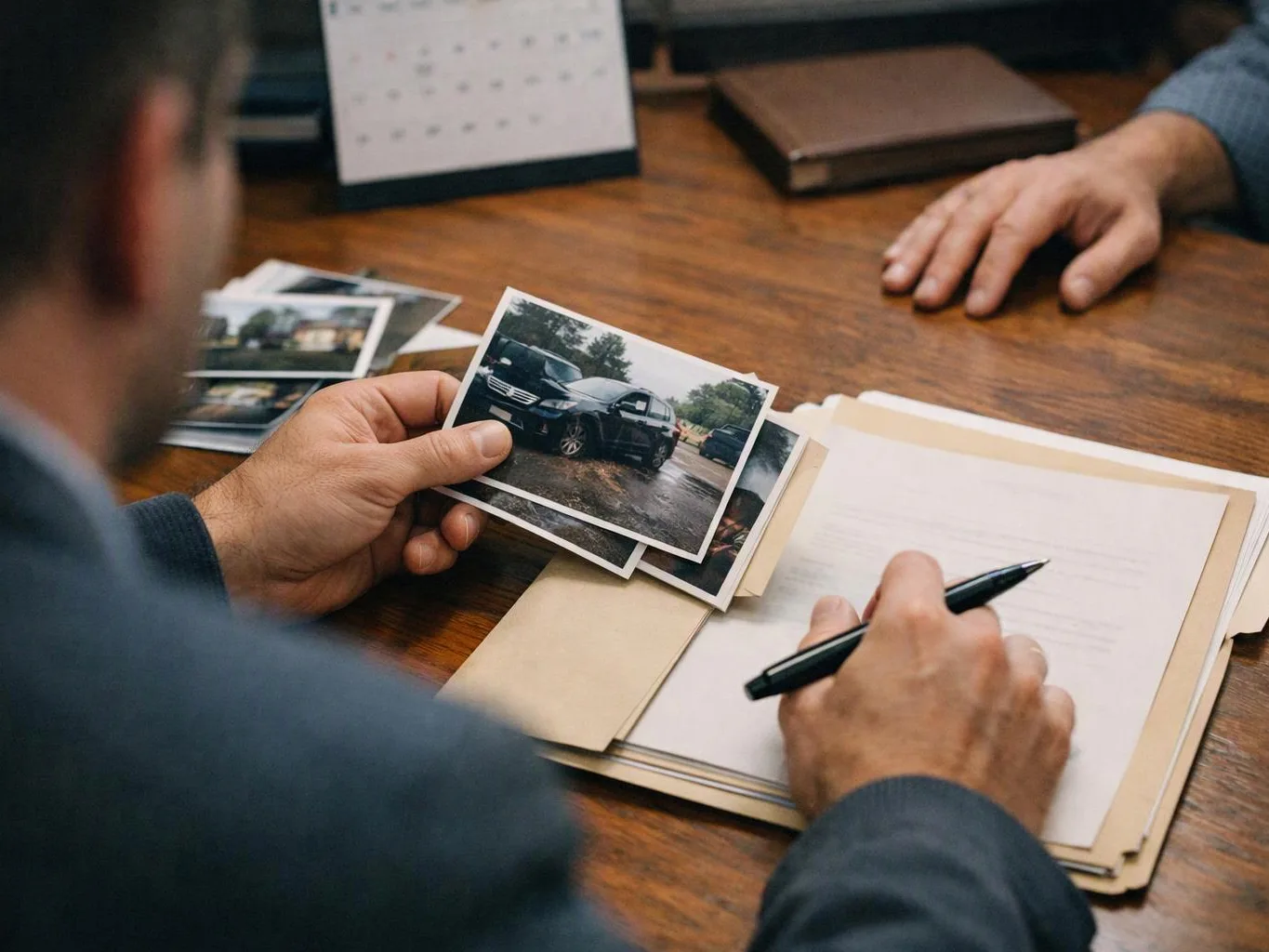 A person holds car crash photos while another writes on papers across a wooden desk