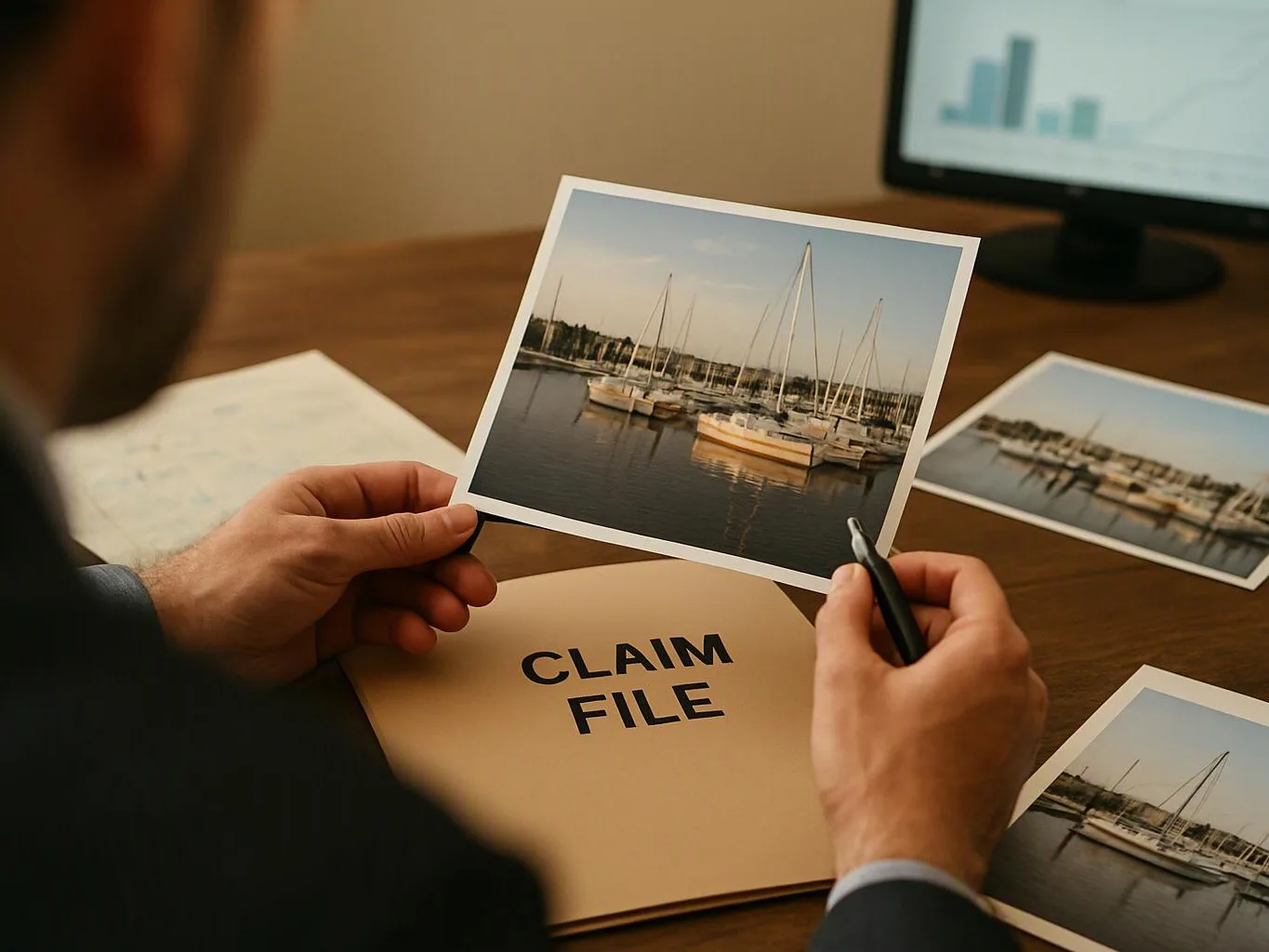 A person holds a marina photo over a folder labeled "CLAIM FILE" at a desk with more photos and a monitor