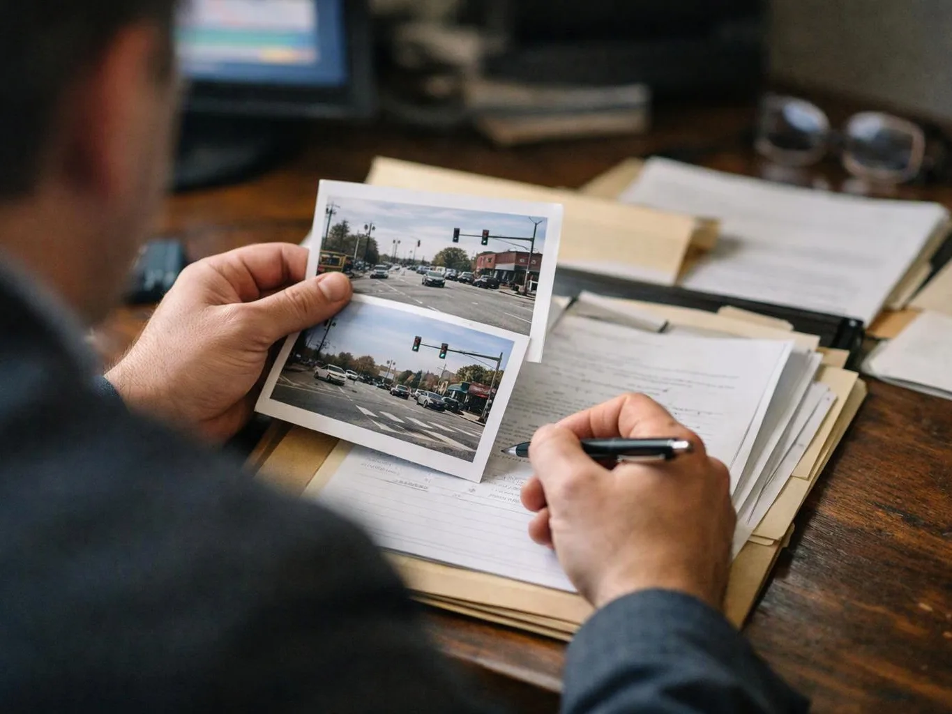 A person holds two traffic intersection photos and writes notes on papers at a desk