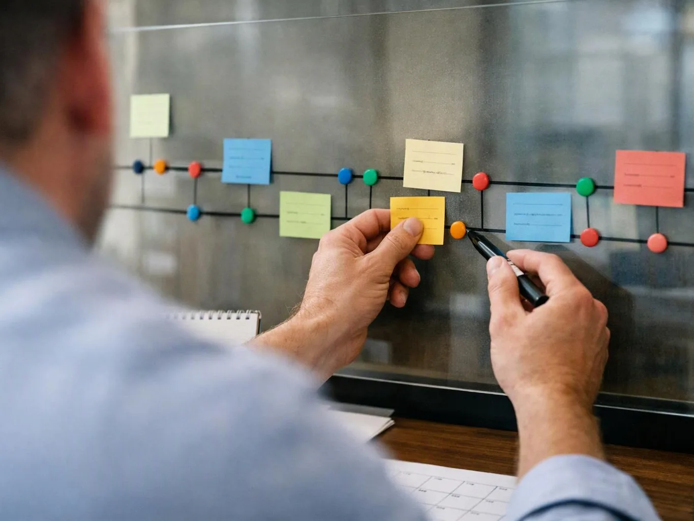A person places a yellow sticky note on a glass planning board with colored pins and notes