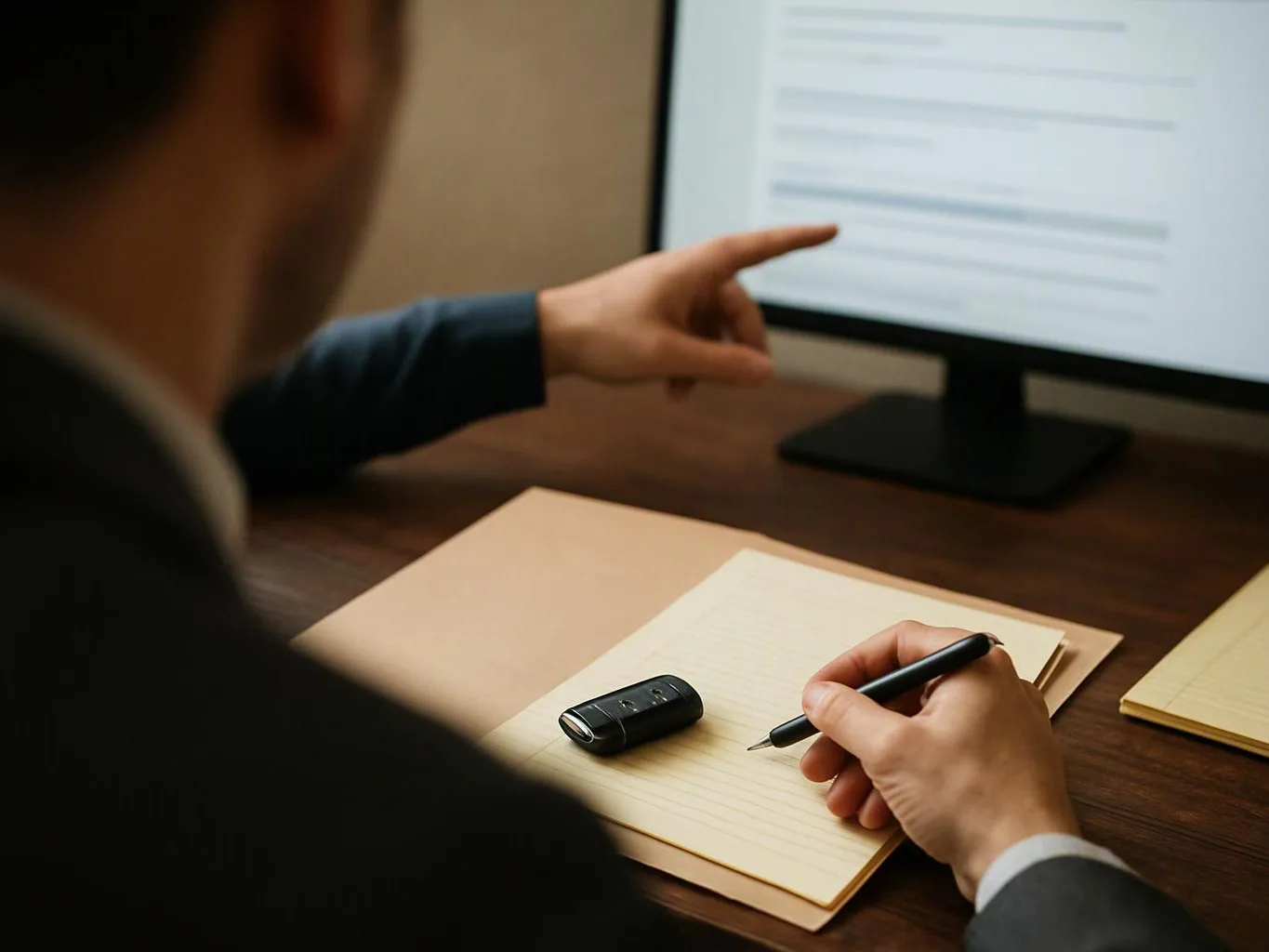 A person points at a computer screen while holding a pen over a notepad on a desk