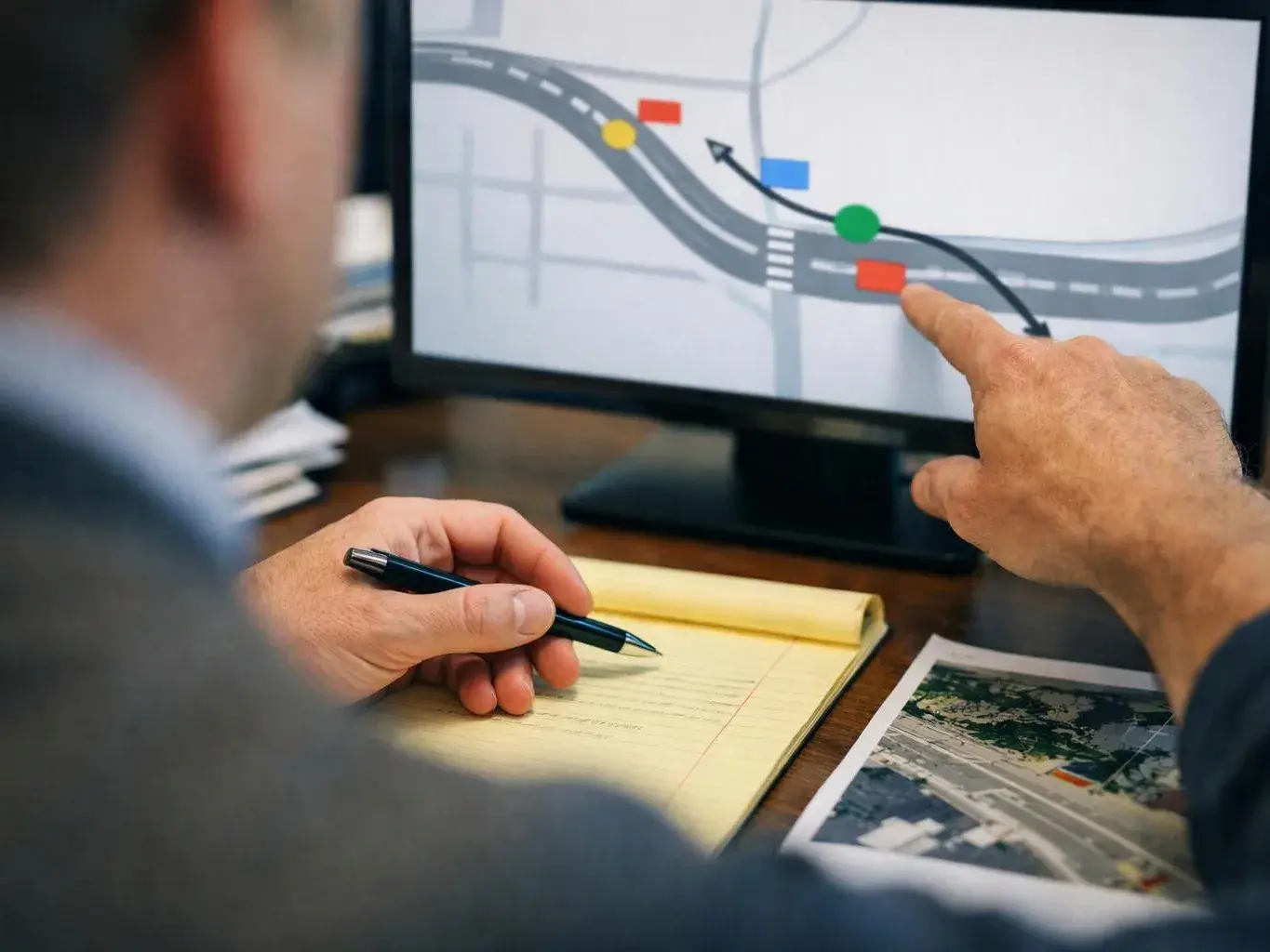 A person points at a road map on a monitor while holding a pen over a notepad at a desk