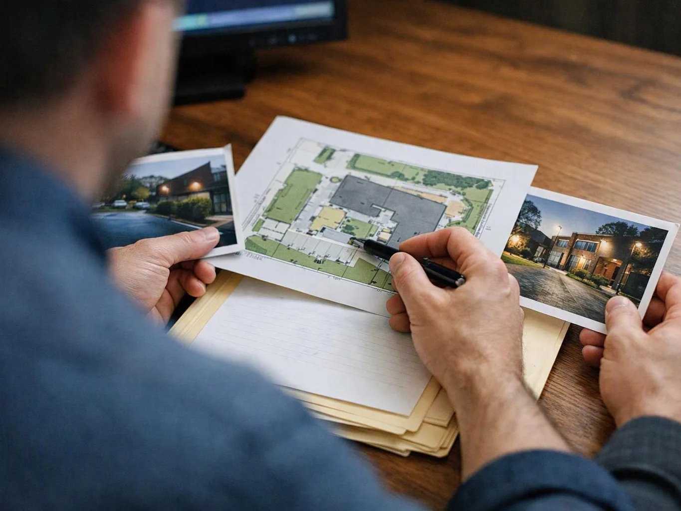 A person points at a site plan on paper beside two house photos on a wooden desk