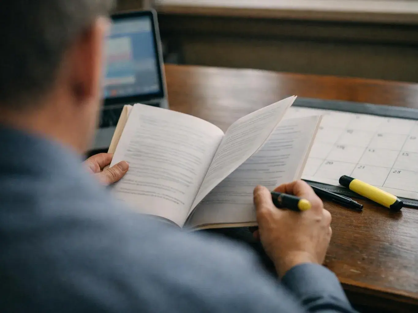 A person reads an open book at a desk beside a calendar and markers