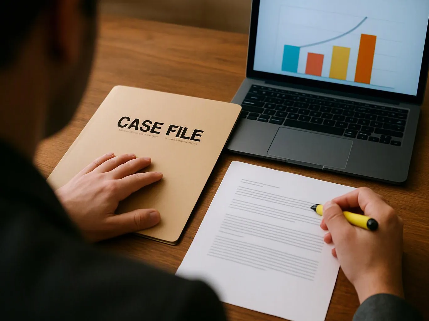 A person reviews a case file beside a laptop chart and marks a paper document with a yellow pen