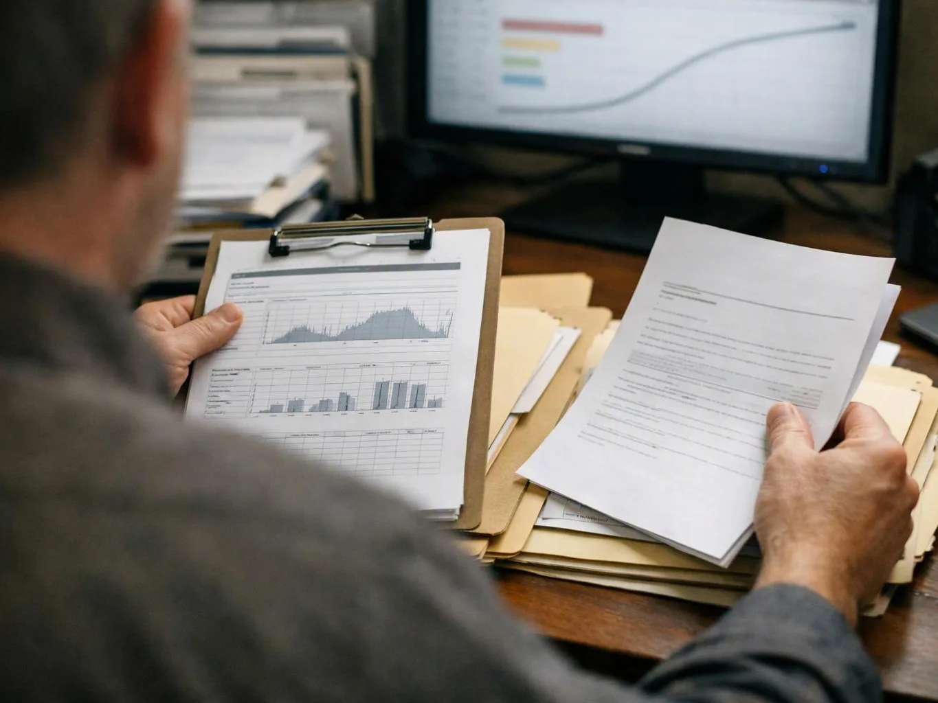 A person reviews charts on a clipboard and papers at a desk with a monitor in the background