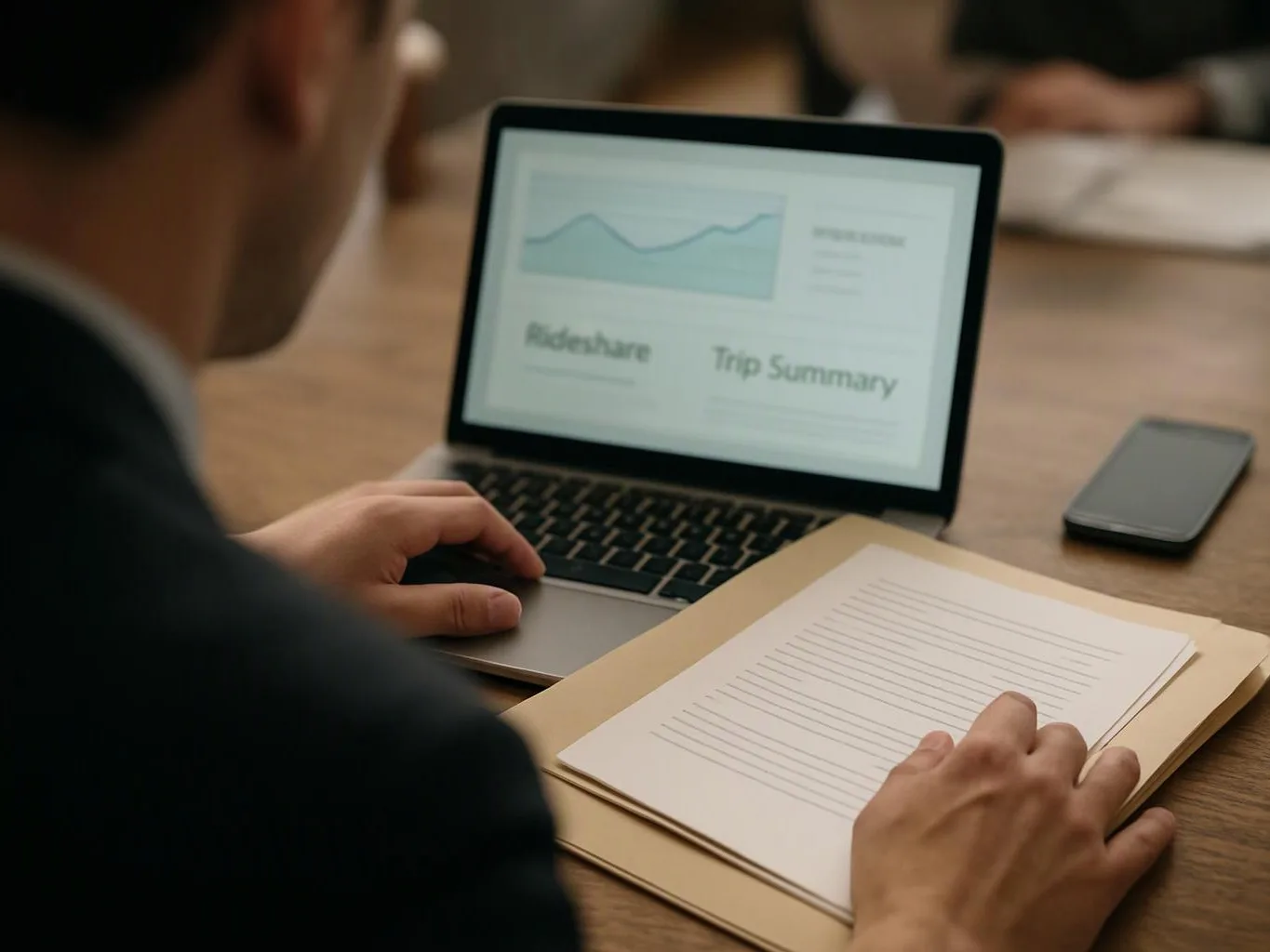 A person reviews a laptop dashboard and papers at a meeting table while a phone rests nearby